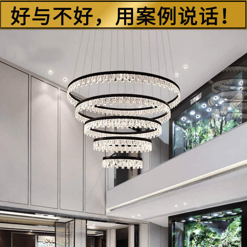 別墅客廳多層環(huán)形吊燈_圓盤(pán)水晶大吊燈定制